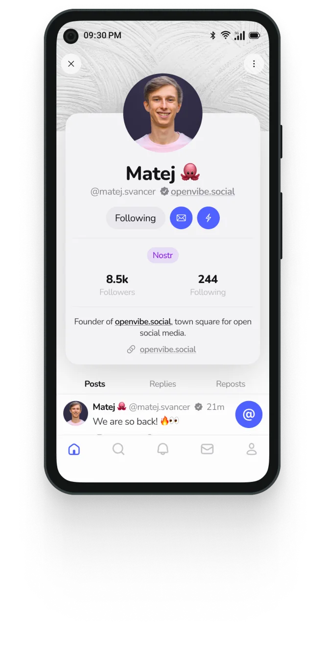 Openvibe app screen showing user profile.